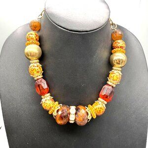 Vintage Necklace Faceted Brown Amber Gold Tone Beaded  18-22 Inches